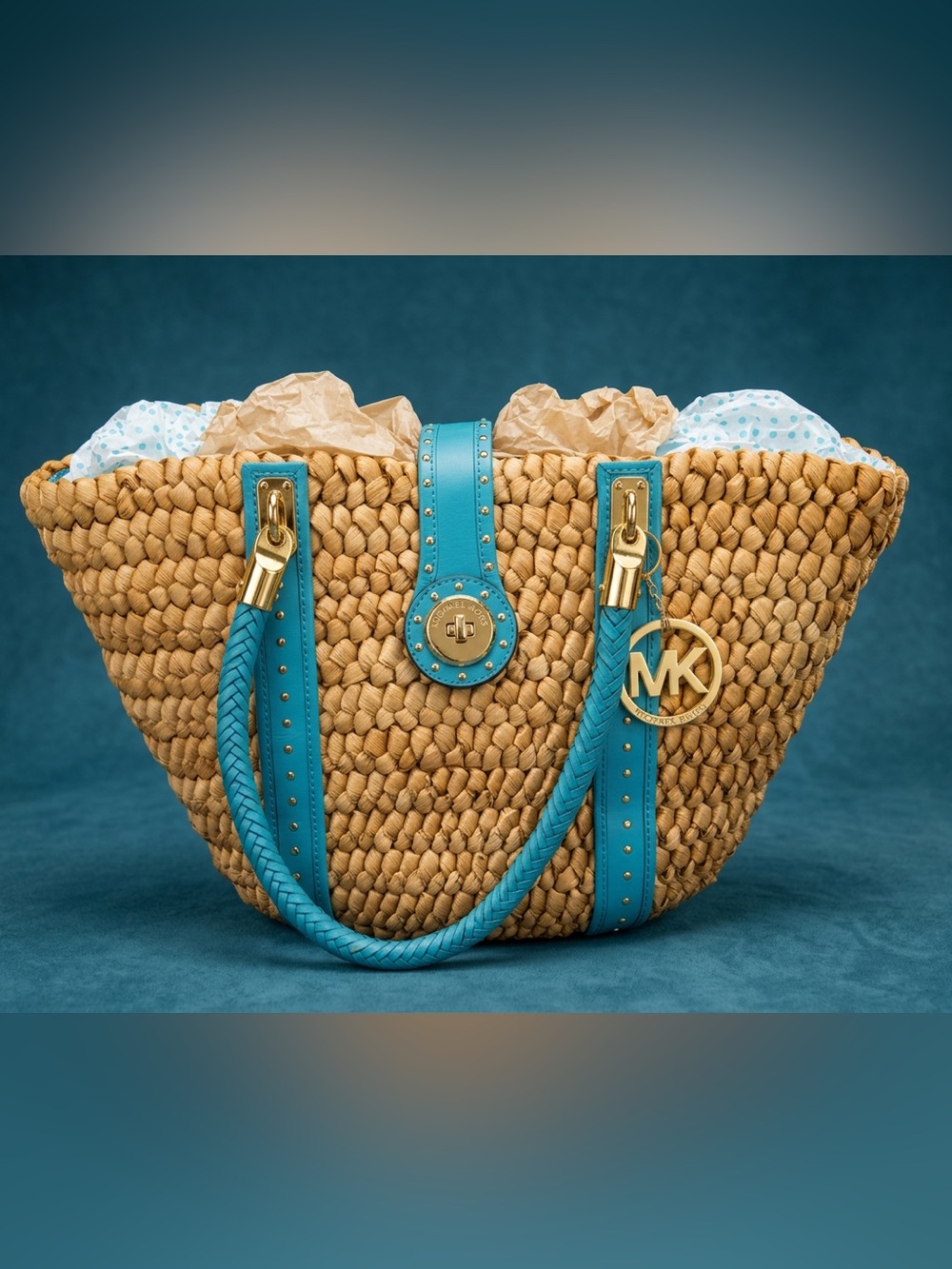 Michael Kors Straw Tote with Turquoise Trim and Gold Hardware